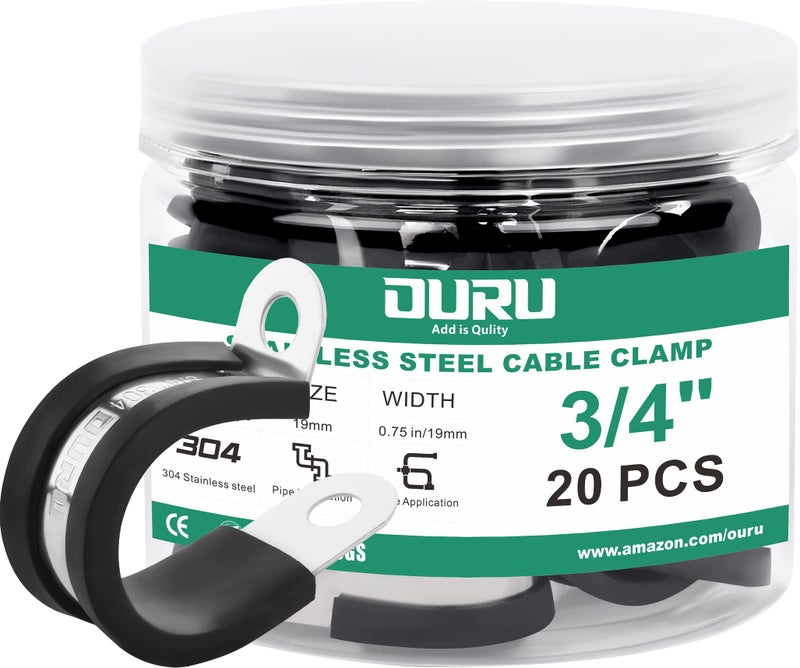 OURU 20pcs 3/4 Inch Stainless Steel Cable Clamps Rubber Coated Cushioned Insulated Cable Clamp Automotive Cable Wire Clamps Pipe Clamps Metal Clamp for Tube Lines Wire Cord Installation(Black 19mm) - Image 1